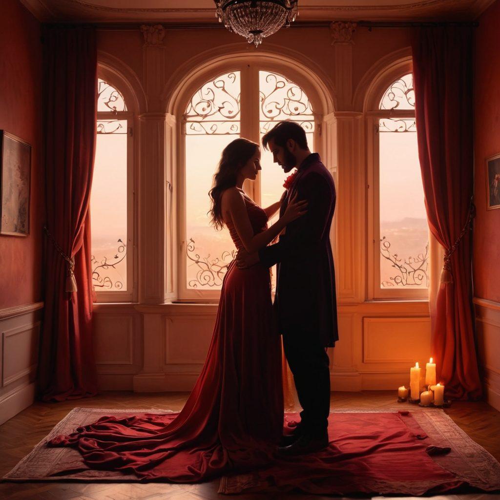 A silhouette of a couple passionately embracing in a dimly lit room adorned with soft, flowing fabrics and romantic candles. In the background, subtle motifs of hearts and handcuffs blend seamlessly, representing the dual nature of affection and kink. The scene exudes warmth with rich reds and purples, inviting viewers into a world of intimacy and adventure. Highlight the contrast between tenderness and boldness. super-realistic. warm color palette. intimate atmosphere.